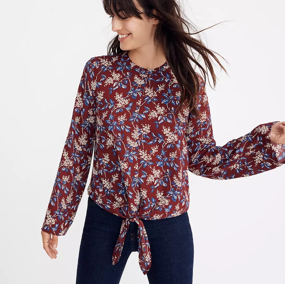 Madewell Bell-Sleeve Tie Front Floral Long Sleeve Top L